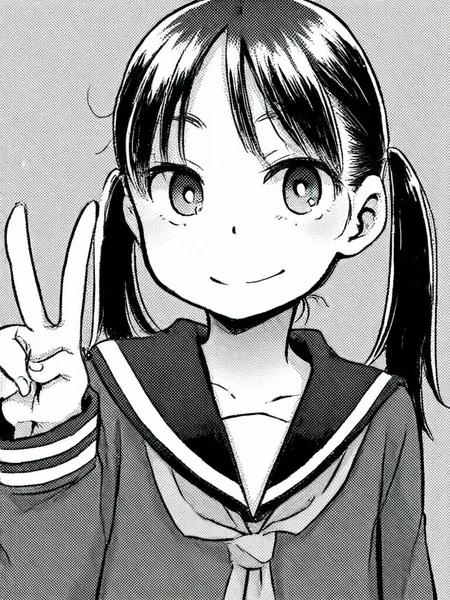 score_9, score_8_up, score_7_up,
1girl, monochrome, black hair, twintails, flat chest, serafuku, school uniform, long sleeves, v, smile, closed mouth, upper body, looking at viewer,