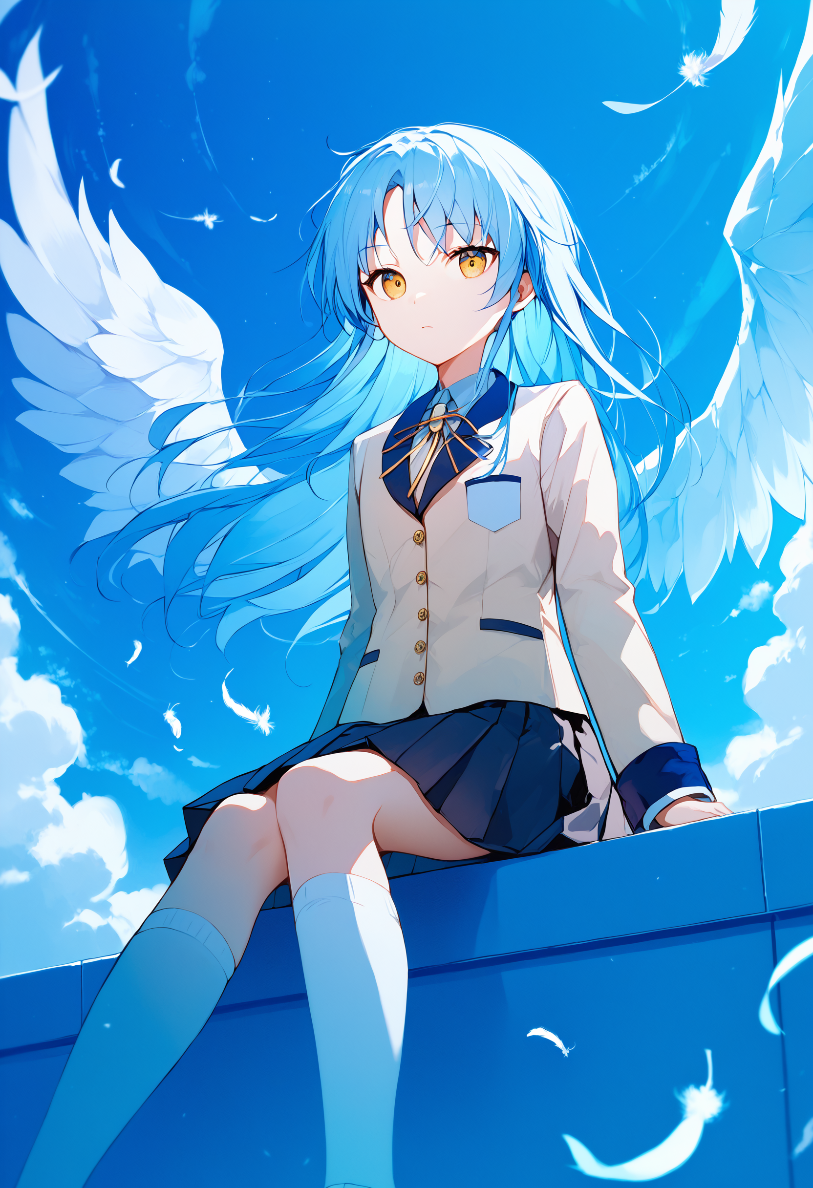 score_9, score_8_up, score_7_up, score_6_up, best quality, masterpiece,
tachibana kanade, 1girl, wings, solo, long hair, yellow eyes, skirt, blue theme, jacket, feathered wings, sitting, school uniform, angel wings, sky, cloud, socks, long sleeves, looking at viewer, floating hair, pleated skirt, white socks, outdoors, white wings, kneehighs, closed mouth, feathers, black skirt, blazer, blue sky
<lora:avian_mge_concepts_v11:1>