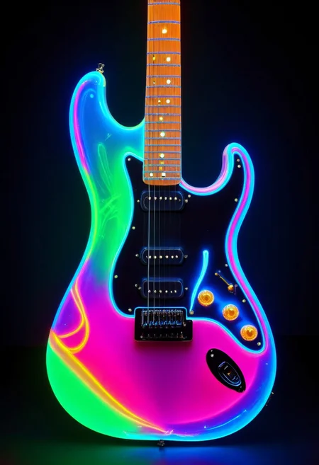 An epic photo of a bioluminescent guitar, neon color, masterpiece, best quality, highly detailed, sharp focus, dynamic lighting, flux-style,