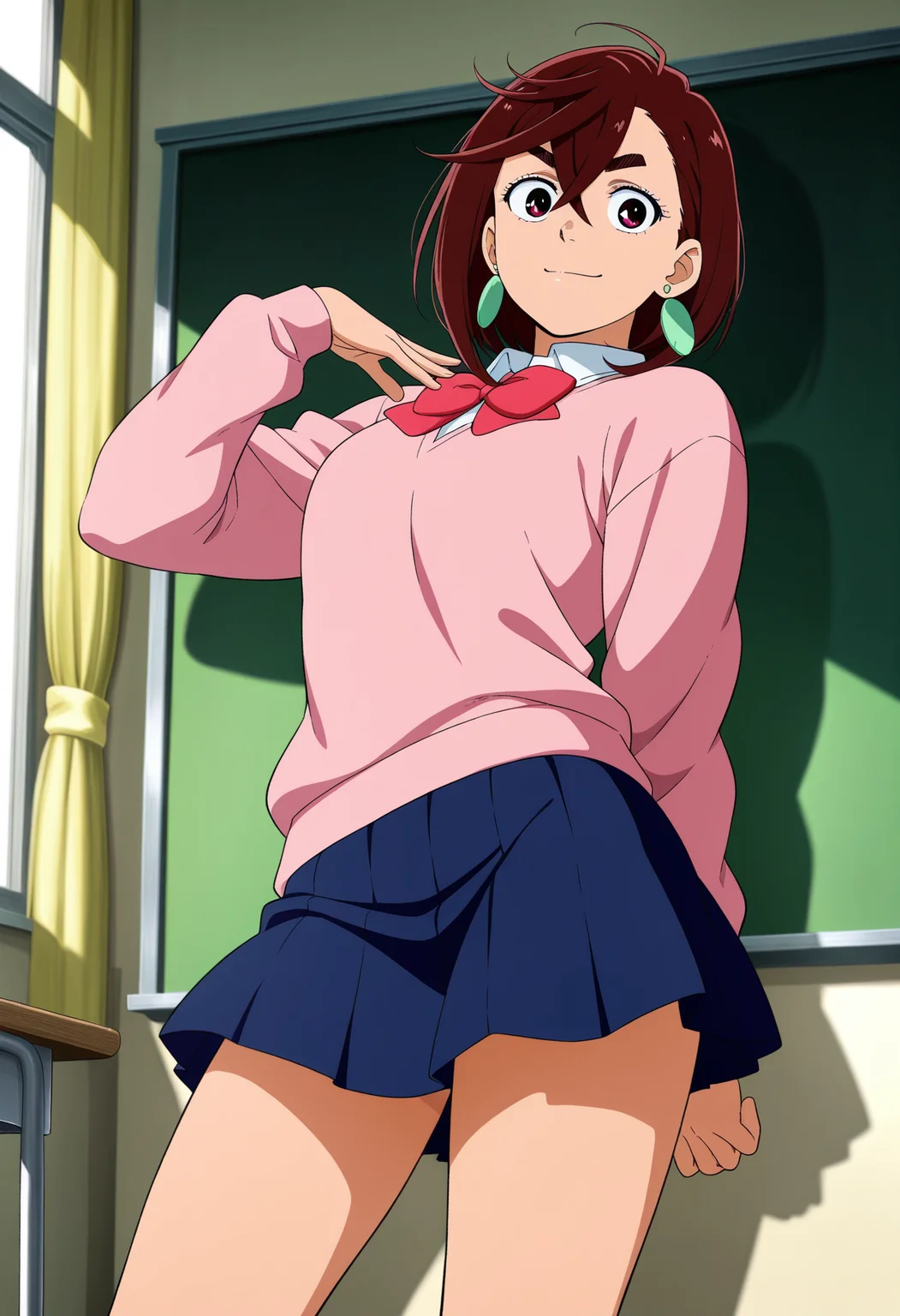 1girl, solo, ayase momo, dandadan, brown hair, short hair, hair between eyes, large earrings, thick eyebrows, school uniform, pink sweater, navy skirt,
smile,
standing, model pose, classroom, cowboy shot,
general, masterpiece, best quality, very aesthetic, absurdres, anime coloring, scenery,