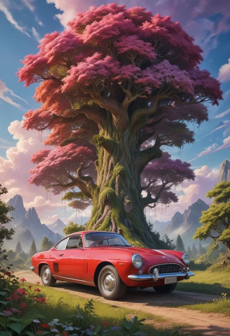 masterpiece, best_quality, in ultra-high resolution, 4K, 8K, HDR for vividness. It uses a Kodak Portra 400 lens for timeless, professional quality. detailed background with a touch of bokeh and lens flare, artistic effect, vibrant colors, vivid look. extremely detailed, absurd details, visually stunning and technically excellent
BREAK
A vibrant and color-popping scene, reminiscent of an Absurd reality, where the laws of nature are warped and twisted to create a magical ecosystem. 
BREAK
In the foreground, a red car, its body painted with intricate patterns and designs, appears to be growing out of the ground like a blooming flower. The car's wheels sprout leaves and vines, and its headlights glow with an otherworldly light.
BREAK
The sky above is a deep shade of crimson, with swirling patterns of pink and purple clouds, as if the heavens themselves are part of this surreal landscape. 
BREAK
The ground is covered in lush green vegetation, with trees and plants of all shapes and sizes reaching for the sky. The air is filled with a sense of wonder and whimsy, as if anything is possible in this magical ecosystem where the impossible becomes possible.