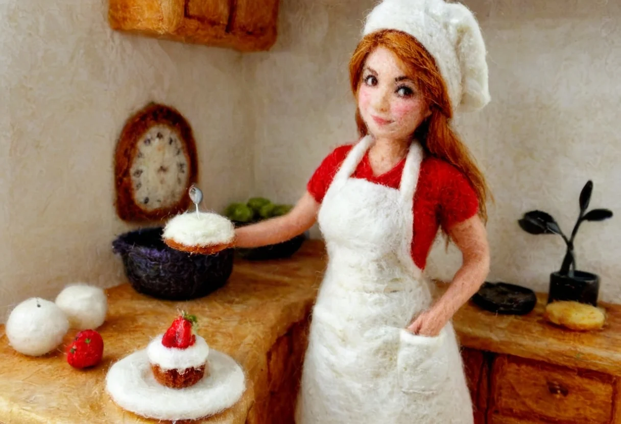 pamfelt, woman baking a cake, wearing a cooking apron, cozy kitchen background, high quality, masterpiece, intricate, hdr