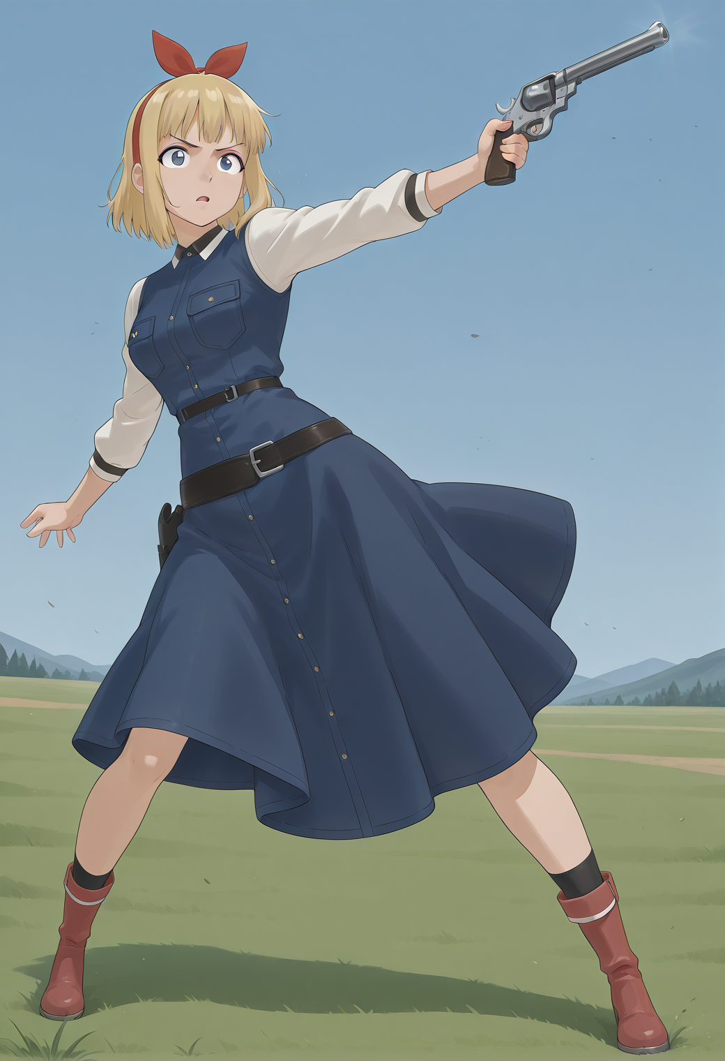 phoebe_oakley, blue eyes, blonde hair, short hair, red hairband, red bow, white shirt, blue dress, long sleeves, belt, <lora:phoebe_oakley_illustrious_ver2:0.8> 
serious, open mouth, revolver, holding gun, boots, full body, dynamic pose,, masterpiece, best quality, sensitive,, 1girl, solo, blue sky, (grasslands:1.2), looking at viewer,