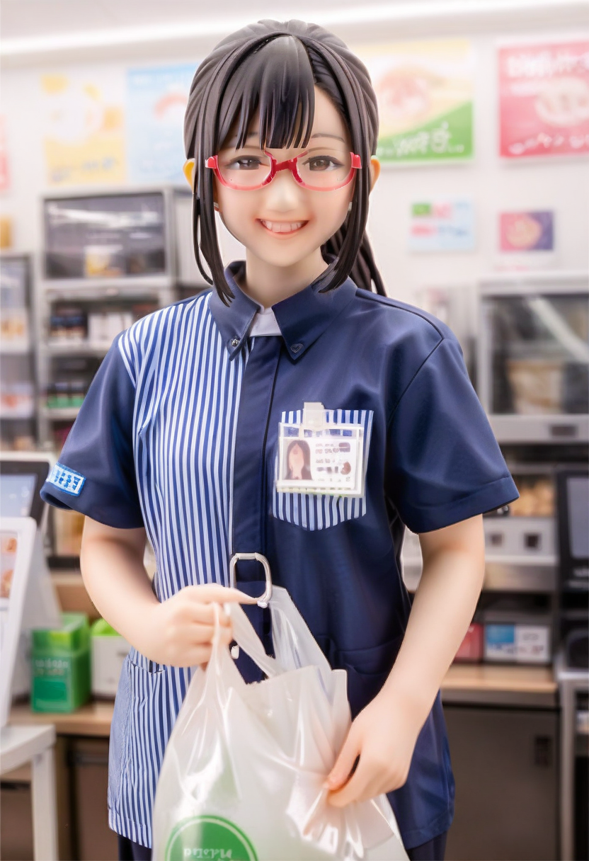 score_9, score_8_up, score_7_up, rating_safe, masterpiece, best quality, absurdres, unity 8k wallpaper, official art, official style, source_anime, uncensored, game cg, megami magazine, glasses, 
konbini, scenery, shop, indoors, LAWSONU, employee uniform, uniform, plastic bag, black hair, solo, shirt, 1girl, uniform, indoors, bag, striped, employee uniform, striped shirt, ponytail, short sleeves, holding, shop, long hair, vertical-striped shirt, id card, vertical stripes, convenience store, name tag, realistic, realistic background, Detailed Background, casher, smile, happy, looking at viewer, 
<lora:lawson_indoors_PONY_V1:0.8>