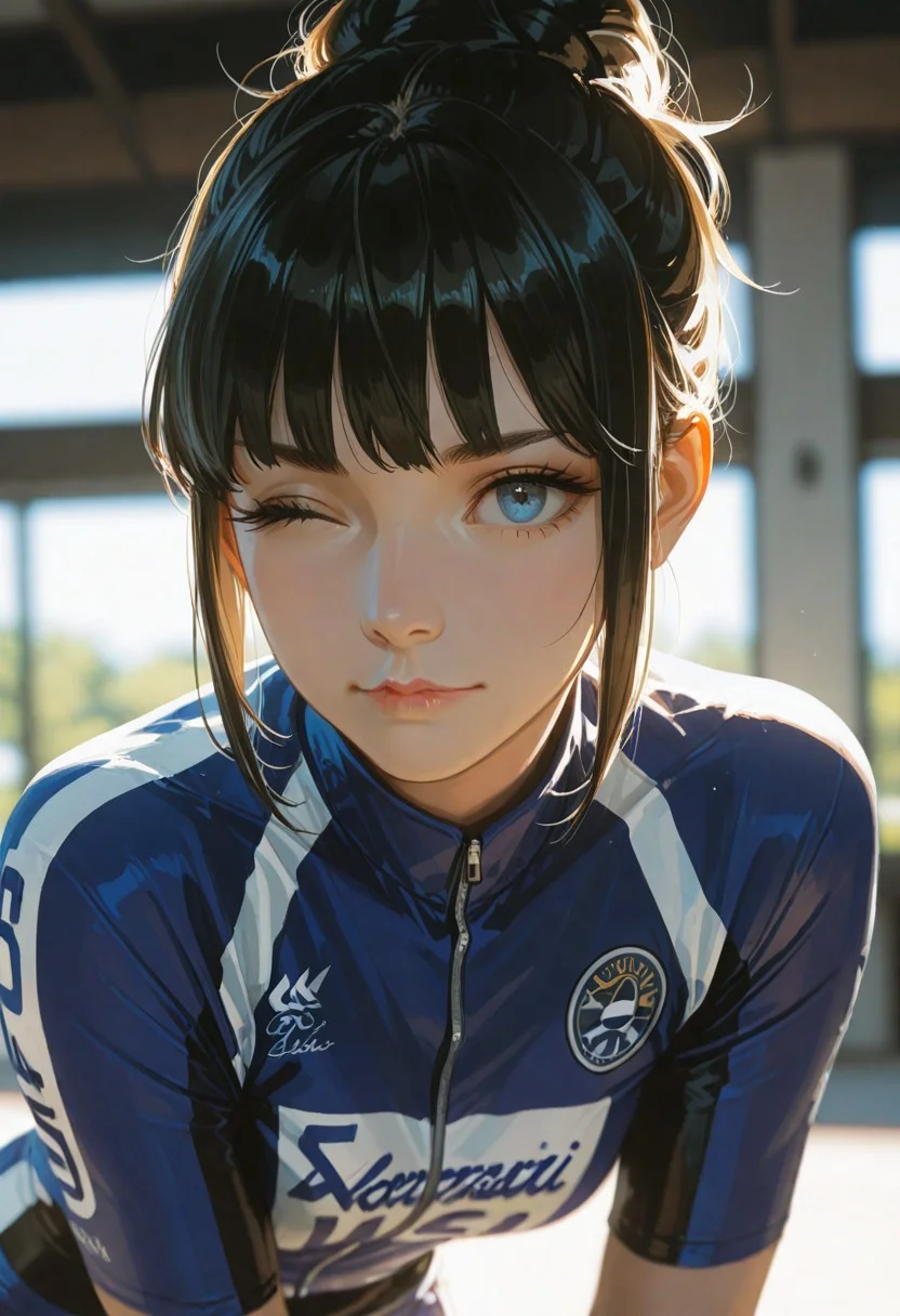 masterpiece, ultra-HD, cinematic lighting, photorealistic, impressionism (1.5), high detail, depth of field, (blurred background), (dramatic lighting),masterpiece, best quality, very aesthetic,8k,masterpiece, best quality,realistic, masterpiece, best quality, 8k,
, simple_background, , , , sexy pose, half-close up,,,, , ,
Olivia de Berardinis art style, of a beautiful young woman with short pixie style black hair, blue eyes, winking eyes, black and green cyclist jersey, in Japan street