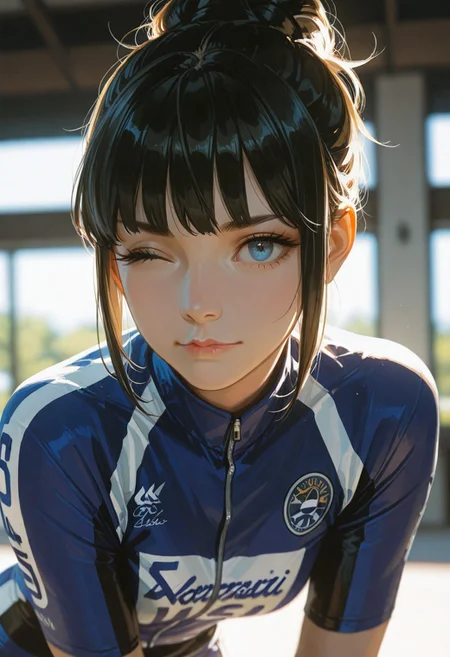masterpiece, ultra-HD, cinematic lighting, photorealistic, impressionism (1.5), high detail, depth of field, (blurred background), (dramatic lighting),masterpiece, best quality, very aesthetic,8k,masterpiece, best quality,realistic, masterpiece, best quality, 8k,
, simple_background, , , , sexy pose, half-close up,,,, , ,
Olivia de Berardinis art style, of a beautiful young woman with short pixie style black hair, blue eyes, winking eyes, black and green cyclist jersey, in Japan street