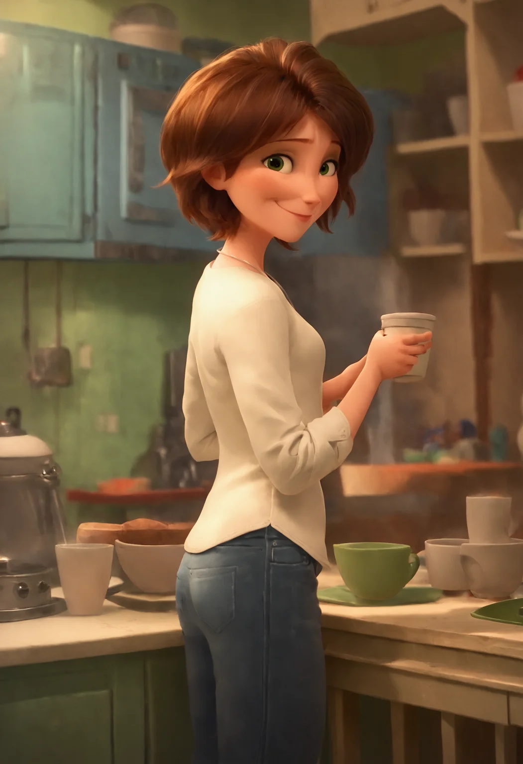 <lora:AuntCassBH6Pony1.0:1>AuntCass, 1girl, solo, brown hair, short hair, cup, jeans, white shirt, standing, green eyes, smile, long_sleeves, score_9, score_8_up, score_7_up, score_6_up, score_5_up, score_4_up, looking at viewer,