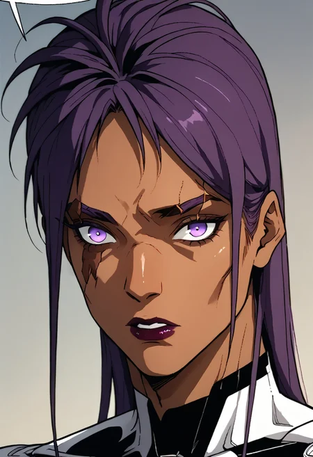 score_9, score_8_up, score_7_up, score_6_up,  <lora:Demonic_Evolution_6_Character_PONT_XL_by_UOC:1>,  scareyeparis, scar_eye_paris, DemonicEvolution, 1girl, solo, purple eyes, purple hair, dark skin, dark-skinned female,