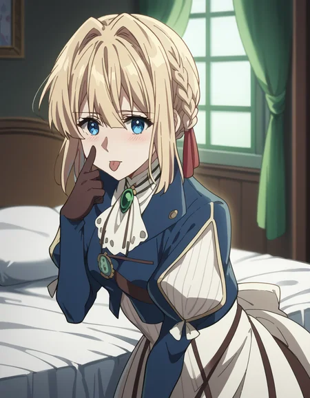 score_9, score_8_up, score_7_up, source_anime, <lora:violet-evergarden-s1-ponyxl-lora-nochekaiser:1>, violet evergarden, blonde hair, blue eyes, hair ribbon, ribbon, short hair, braids, hair braids, red ribbon, mature female, medium breasts,, blue jacket, brown gloves, cropped jacket, dress, gloves, green brooch, jacket, juliet sleeves, long sleeves, puffy sleeves, white dress,, bedroom, bed, pillows, nightstand, window, , <lora:akanbe-ponyxl-lora-nochekaiser:1>, akanbe, eyelid pull, finger to eye, tongue out, :p, tongue, ;p, blush, leaning forward, bent over, from side,, looking at viewer, solo,, dutch angle, cowboy shot