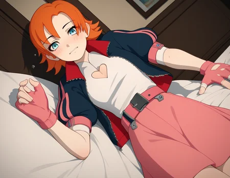 score_9, score_8_up, score_7_up, source_anime, <lora:nora-valkyrie-ponyxl-lora-nochekaiser:1>, nora valkyrie, blue eyes, medium hair, orange hair,, skirt, shirt, gloves, jacket, short sleeves, open clothes, puffy sleeves, belt, fingerless gloves, open jacket, puffy short sleeves, clothing cutout, cleavage cutout, pink skirt, pink gloves, heart cutout, indoors, bed, bed room, on side, blush, drunk, looking at viewer, solo, cowboy shot, dutch angle