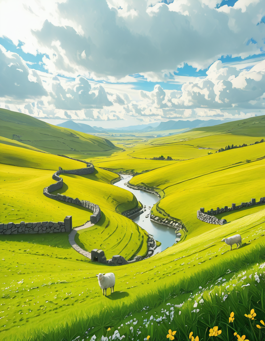 A breathtaking, high-resolution photograph of the rolling plains of Ireland, stretching endlessly under a vast, cloud-streaked sky. The landscape is a lush, vibrant green, with gentle hills covered in soft grass and dotted with scattered wildflowers. Ancient stone walls and winding dirt paths cut through the fields, marking old farmland boundaries. In the distance, a few solitary sheep graze peacefully, their white wool contrasting against the emerald grass. A small, clear river meanders through the valley, reflecting the soft light of the sky. The horizon is framed by low, misty mountains, adding depth and mystery to the scene. Above, the sky is a mix of bright blue and fluffy white clouds, casting dynamic shadows across the landscape as beams of sunlight break through. The atmosphere is serene, timeless, and rich with the natural beauty of the Irish countryside.
<lora:SDXLFaeTastic2400:0.4> <lora:extremely_detailed:0.4> extremely detailed,rolling plains of 1r3l4nd, <lora:rolling_plains_of_1r3l4nd-i:1>, Masterpiece,best quality,hi res,8k,hi res,8k,award winning,(sharp focus, intricate, highly detailed),