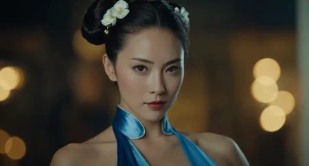 cinematic film still of  Cinematic Film stock footage in (arri alexa style) Kodak film print,   <lora:chun li:1> Chun-Li a woman in a costume is posing for a picture, shallow depth of field, vignette, highly detailed, high budget, bokeh, cinemascope, moody, epic, gorgeous, film grain, grainy