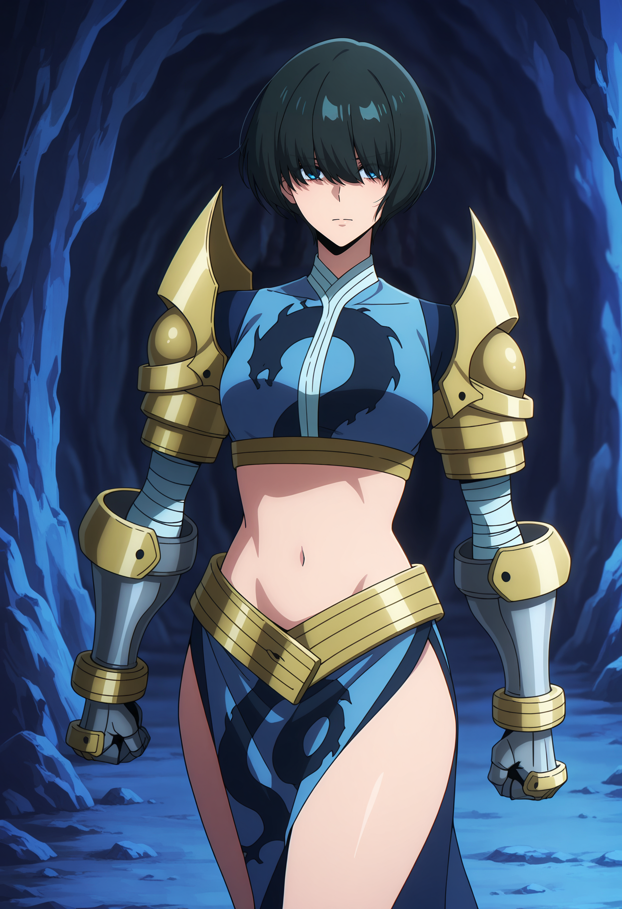 anime screencap, masterpiece, best quality,
<lora:SoloLeveling_SeoJiwoo_IlluXL:0.9>,
1girl, solo, hair over eyes, closed mouth,
bob cut, short hair, black hair, blue eyes,
SeoJiwoo, crop top, print shirt, blue shirt,  gold trim, shoulder armor, gauntlets, bandaged arm, midriff, pelvic curtain,
walking, clenched hand, looking at the viewer, cowboy shot,
cave, dark, blue theme