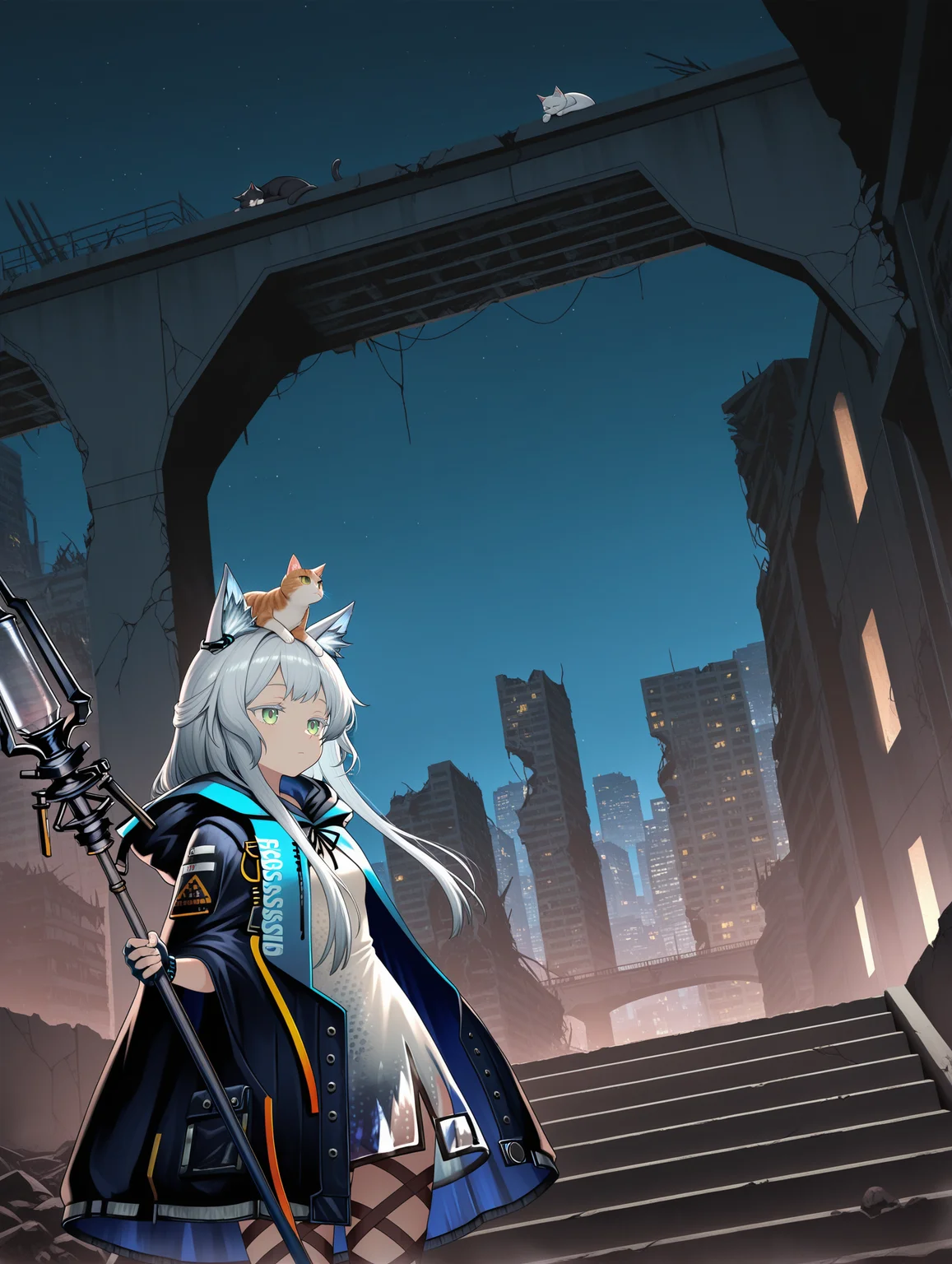 solo, cowboy shot, dynamic angle,
1girl, rosmontis \(arknights\), cat on head, holding staff, relaxing, 
standing on stairs, night sky, city lights, ruins,overpass, 
 ,masterpiece,best quality,amazing quality,