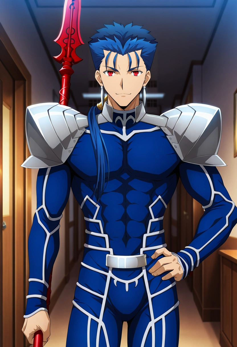 masterpiece, best quality, , anime screencap, , official style, looking at viewer, 1boy, solo, male focus, <lora:lancer_fsn_ilxl:1>, lancer_fsn, cu chulainn \(fate\), fate/stay night, blue hair, red eyes, long hair, ponytail, spiked hair, earrings, jewelry, armor, shoulder armor, pauldrons, weapon, polearm, spear, holding, holding weapon, holding polearm, cowboy shot, apartment, midnight, hand on hip, :\3,
