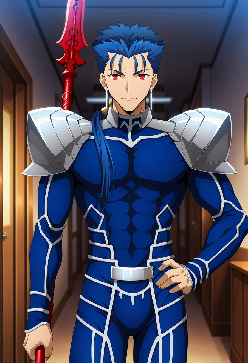 masterpiece, best quality, , anime screencap, , official style, looking at viewer, 1boy, solo, male focus, <lora:lancer_fsn_ilxl:1>, lancer_fsn, cu chulainn \(fate\), fate/stay night, blue hair, red eyes, long hair, ponytail, spiked hair, earrings, jewelry, armor, shoulder armor, pauldrons, weapon, polearm, spear, holding, holding weapon, holding polearm, cowboy shot, apartment, midnight, hand on hip, :\3,