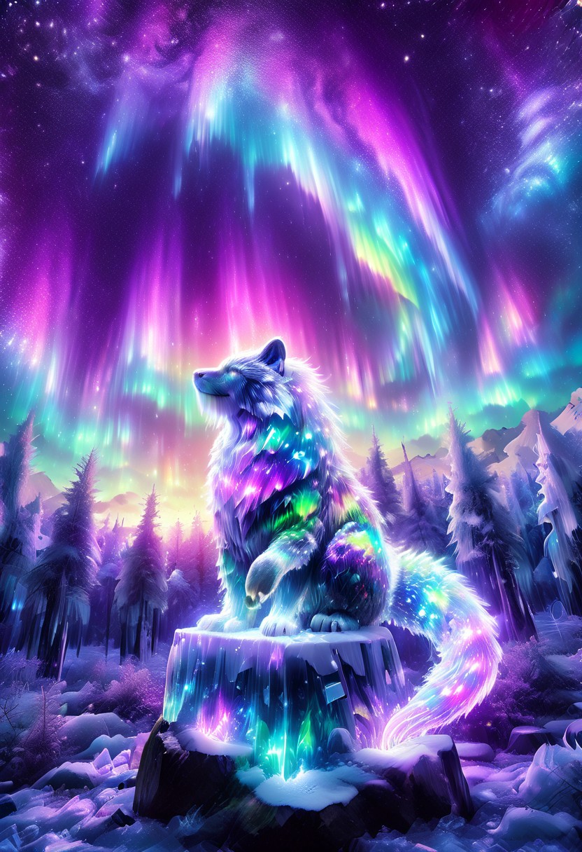 lazympos, morph-aurora, A platinum-tier animal sitting in  an aurora-lit crystal forest, prismatic light shards refract through ice formations, glowing celestial patterns dance across its obsidian collar, hyper-detailed fur texture with rainbow iridescence, 8k resolution.