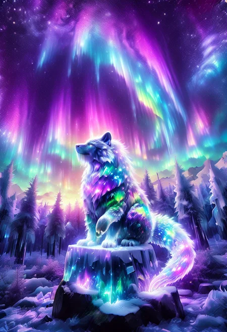 lazympos, morph-aurora, A platinum-tier animal sitting in an aurora-lit crystal forest, prismatic light shards refract through ice formations, glowing celestial patterns dance across its obsidian collar, hyper-detailed fur texture with rainbow iridescence, 8k resolution.