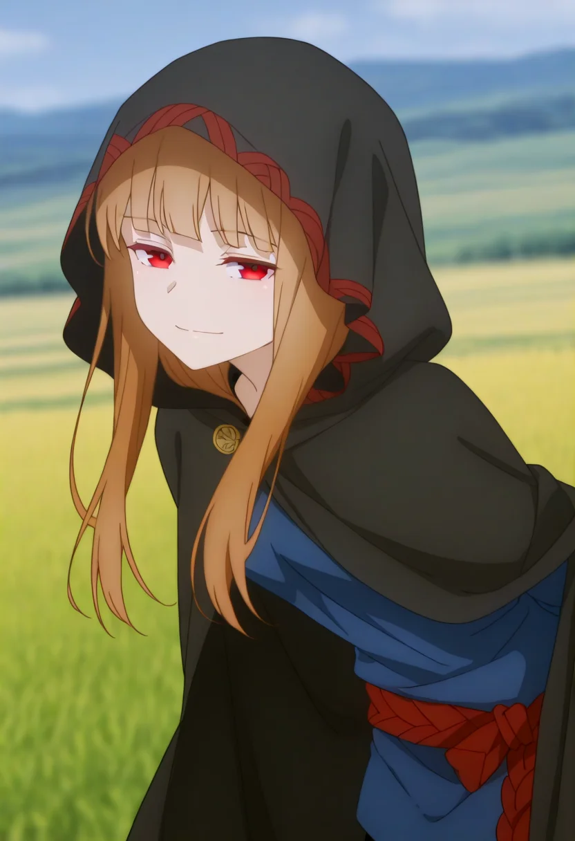 holooutfit1_cloaked, 1girl, long brown hair, bangs, red eyes, fox ears, medium breast, | hooded cloak, long black cloak, red patterned trim, braided trim, under cloak long black dress, fur trim, red belt, long sleeves, blue shirt, open vest, , beads, fox tail,
<lora:Holo_IL:1>,
(Character), score_9, score_8_up, score_7_up, very aesthetic, source_anime, detailed, high quality, beautiful, masterpiece, detailed eyes, field, blurry background, pose dynamic angle, upper body, cowboy shot, light smile, floating hair, half-closed eyes, hands behind back, leaning forward, looking forward, looking at viewer.