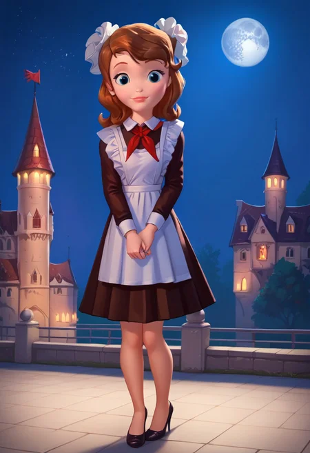 score_9, score_8_up, score_7_up, masterpiece, best quality,high quality, 8k, HD, sofia_the_first, blue eyes, brown hair,1girl, solo, large breasts, huge cleavage,background near castle, night, night sky, full moon, soviet school uniform,frilled apron, frilled hair scrunchie, red neckerchief sexy pose, provocative, seducative face,high heels,