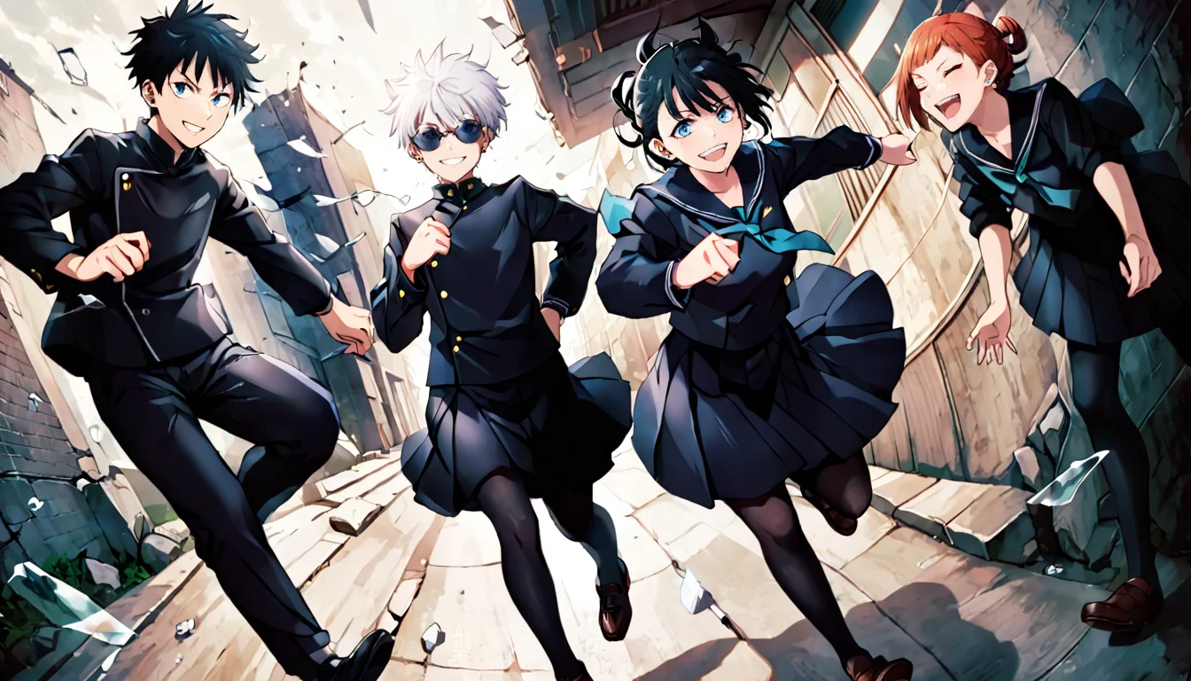 photograph jk3, jujutsu kaisen, school uniform, black hair, smile, multiple boys, black skirt, open mouth, short hair, round eyewear, closed eyes, blue eyes, long sleeves, shoes, black pants, gakuran, black jacket, 1girl, grin, hair pulled back, 3boys, broken glass, hair bun, swept bangs, sunglasses, white shirt, ear piercing, ^ ^, serafuku, black footwear, outdoors, standing, pleated skirt, :d, full body, pantyhose, neckerchief, running, sailor collar, facing viewer, teeth, multiple girls, 2boys, loafers, clenched hand, hair between eyes(dutch angle:1.3)
 <lora:Jujutsu-Kaisen32:1>
 <lora:offset_0.2:0.5> Bowser SDXL, 50mm . cinematic 4k epic detailed 4k epic detailed photograph shot on kodak detailed cinematic hbo dark moody, 35mm photo, grainy, vignette, vintage, Kodachrome, Lomography, stained, highly detailed, found footage