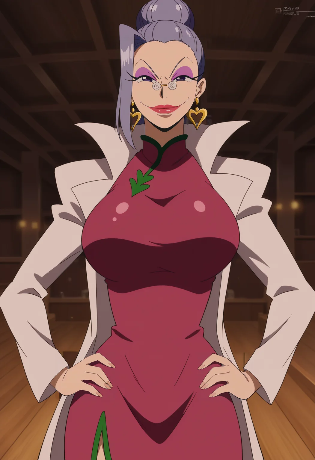 <lora:Nightin-One_Piece_3D2Y:0.8>,Nightin,mature female,1girl,solo,earrings,glasses,lipstick,makeup,purple eyes,purple hair,large breasts,dress,labcoat,cowboy shot,hands on own hips,looking at viewer,indoors,smile