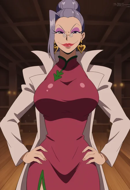 <lora:Nightin-One_Piece_3D2Y:0.8>,Nightin,mature female,1girl,solo,earrings,glasses,lipstick,makeup,purple eyes,purple hair,large breasts,dress,labcoat,cowboy shot,hands on own hips,looking at viewer,indoors,smile