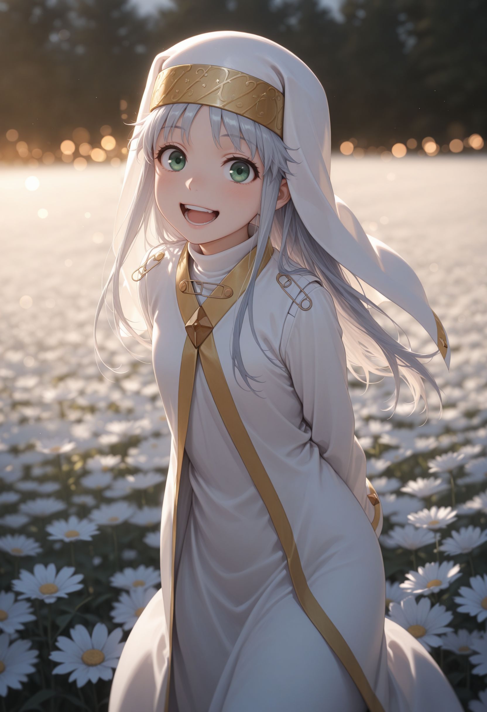 masterpiece,best quality,absurdres,highres,very aesthetic,high quality,detailed,insanely detailed,beautiful,perfect lighting, ,depth of field,blurry background,bokeh, looking at viewer, looking at viewer, flower field, smile, happy, open mouth, teeth, arms behind back
 <lora:Index illu:1> 1girl, , green eyes, long hair, grey hair, robe,  safety pin, long sleeves, dress, nun, habit