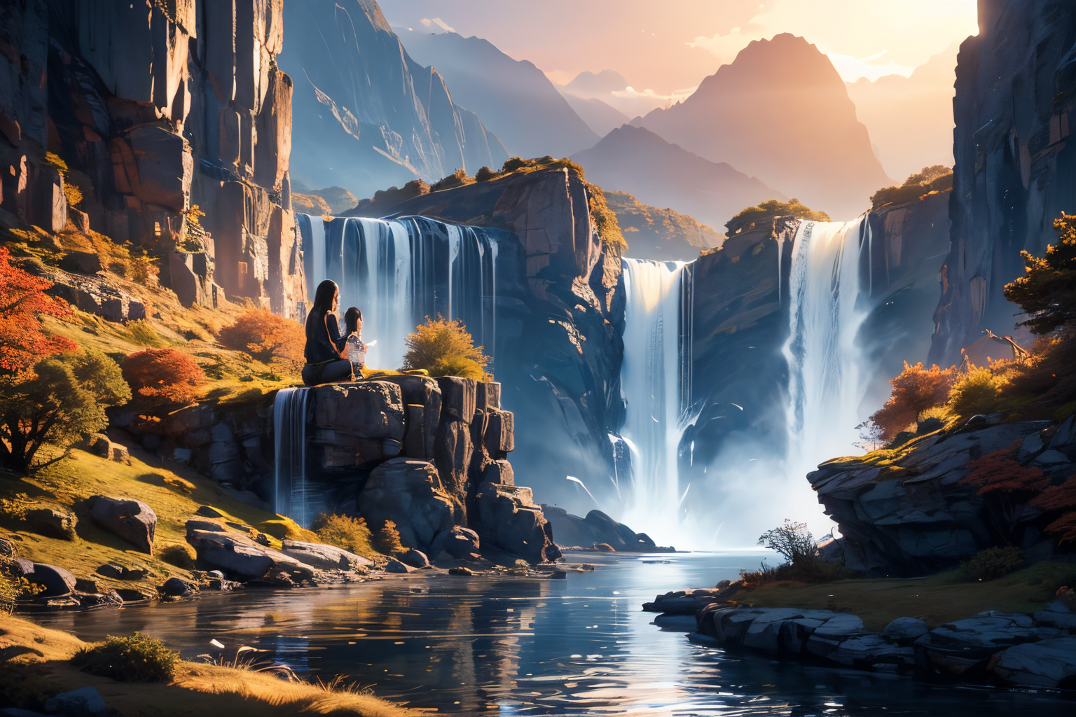 (Realistic:1.5) waterfall, ribs, path, backlighting, lamppost, cliff, sunset, rock, 1other, 6+girls, black hair, backlighting, dated, black background, no humans, reflection, vehicle focus, blue sky, stream, from side, <lora:EdobSyFyHorrorFairyTale_v1.0:0.8>