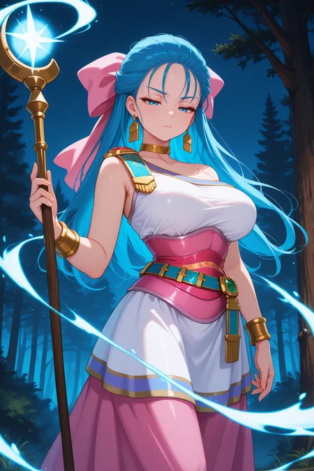masterpiece, best quality, 1girl, solo, <lora:dqflora-illu-nvwls-v1-000006:1> d5flo, blue hair, long hair, half updo, blue eyes, hair bow, pink bow, large breasts, gold choker, earrings, sleeveless dress, long dress, two-tone dress, belt, pink corset, gold bracelets, holding staff, night sky, forest, hand up, serious, half-closed eyes, glowing, white magic, wooden staff