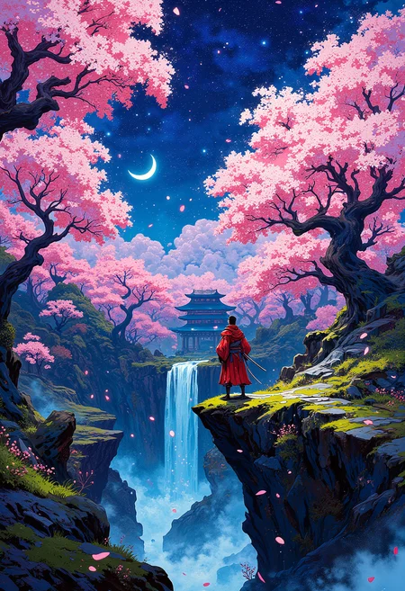 A breathtaking anime-style night scene in an enchanted cherry blossom forest. The sky is a deep cosmic blue, sprinkled with stars, while glowing fireflies dance among the floating petals. A crescent moon bathes the landscape in soft silver light, casting long shadows on the ancient stone path leading to a hidden shrine. A waterfall from the moon falls into a gently flowing river.  The trees shimmer with an ethereal pink glow, and a soft mist swirls at the forest floor, creating a mystical and dreamy ambiance. A Shogun in glowing red outfit stands at a cliff stretching out his katana sword