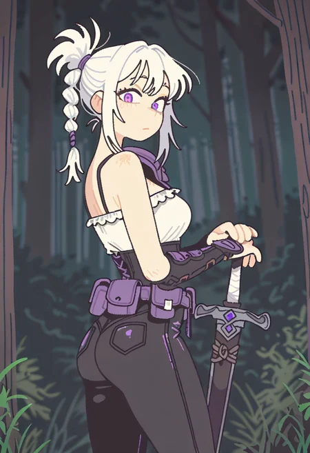 masterpiece, best quality, amazing quality, very aesthetic, absurdres, highres, newest, farfinfarfin, Expressive, solo, 1girl, white hair, braided hair, ponytail, purple eyes, frilled blouse, leather pants, right shoulder pauldron, arm vambraces, utility belt, sheathed sword, forest setting, standing