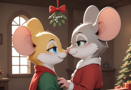safe_pos, score_9, score_8_up, score_7_up, score_6_up, score_5_up, score_4_up, (duo:1), m0use_goldie, (cute:1.5), romantic, (seductive look, looking at another:2), indoors, cottage, hugging, (lying on another), (upper body shot:1.5), Christmas, mistletoe, (Christmas tree:1.5), (bedroom eyes:2),
BREAK
(mouse, female, (blue eyes), yellow fur, yellow ears, green Christmas dress),
BREAK
(mouse, female, green eyes, grey fur, grey ears, red Christmas dress, laugh),