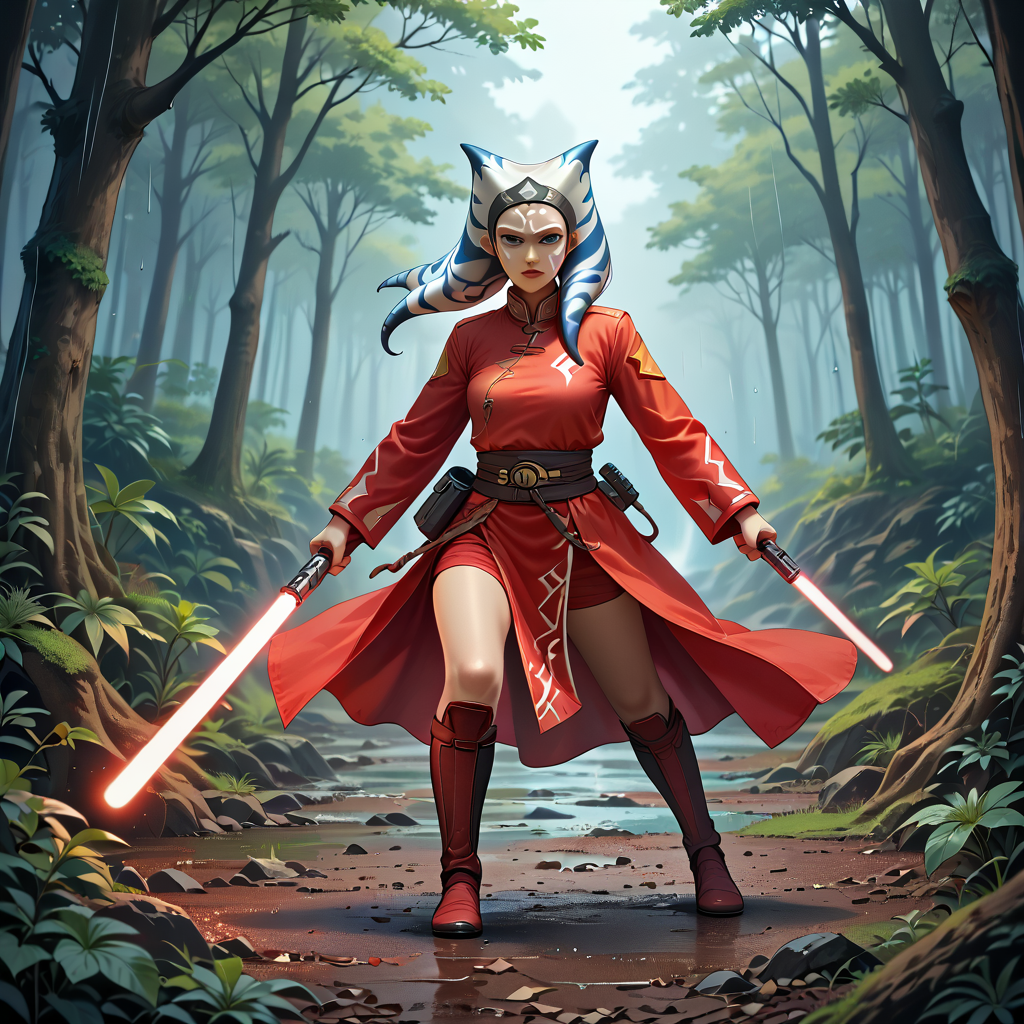score_9, score_8_up, score_7_up, ahsoka_tano, star_wars, 1girl, blue_eyes, holding a light saber, rain forest, side stance, weapon raised, legs spread, knees bent, light saber held up, fighting stance, (HD, masterpiece, best quality, hyper detailed, ultra detailed),amazing, realistic, traditional_chinese_clothes_pony<lora:pony\style\Hyper_Realism_Pony_XL.safetensors:0.7000000000000001:0.7000000000000001> <lora:pony\mine\traditional_chinese_clothes_pony.safetensors:0.32:0.32>