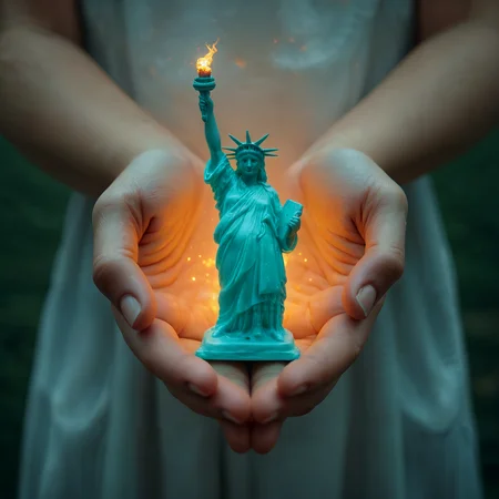 Hands holding a glowing Statue of Liberty.

<lora:Conjuring01a_CE_XL_300-OT:0.6> cnjrngCE_style