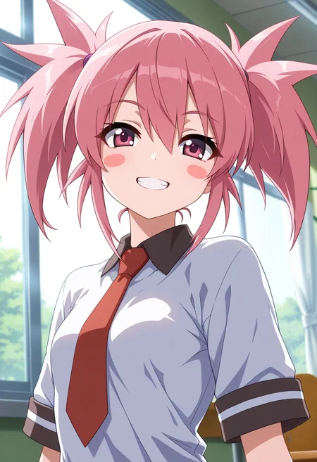 masterpiece, best quality, amazing quality, 1girl, solo, (portrait:1.2), lunarww, pink eyes, pink hair, medium hair, twintails, small breasts, blush stickers, school uniform, collared shirt, oversized shirt, short sleeves, red necktie, looking at viewer, grin, indoors, day, skindentation, detailed clothing folds, depth of field, sharp, high contrast, dynamic light <lora:Edomae_Lunar_Seto_no_Hanayome_ill_v11:0.9>