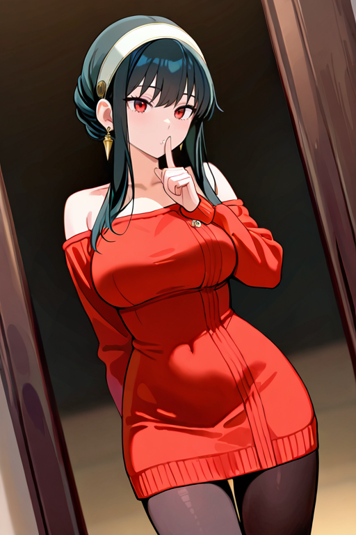 masterpiece, High quality, Ultra detailed, 2d, newest, absurdres, highres, BREAK
1girl, solo, <lora:yor_briar_v1_LISETTElora:0.8>, briaryor, long hair, sidelocks, black hair, white hairband, red eyes, gold earrings, 
large breasts, yordef, bare shoulders, long sleeves, sweater dress, red sweater, black pantyhose, 
shushing, finger to mouth, index finger raised,