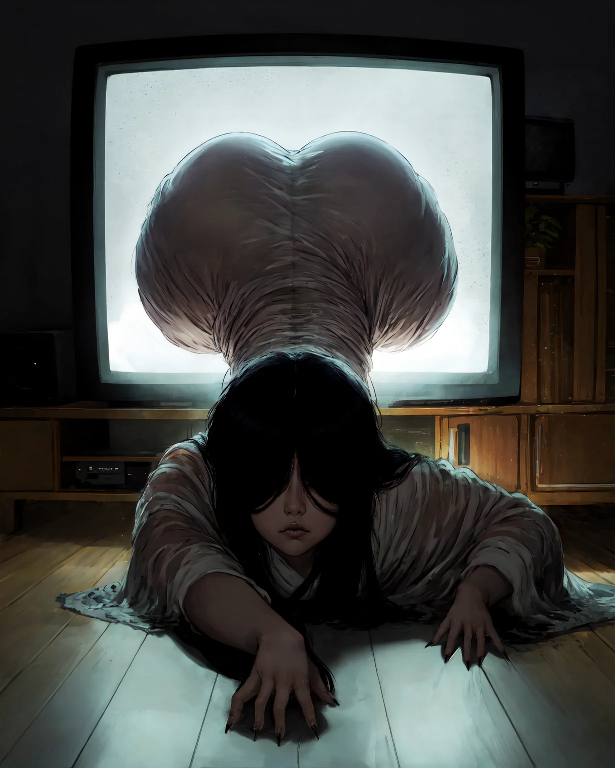 <lora:tezy8 - Tezy8 Style-000006:0.6>, <lora:yamamura sadako v3:0.8>, yamamura sadako, 1girl, through screen, stuck, television, crawling, upper body, (hair over eyes:1.4), dark theme, curvy, ass, all fours, bottom-up, detailed hands, detailed fingers, sharp fingernails, lips, closed mouth, serious,