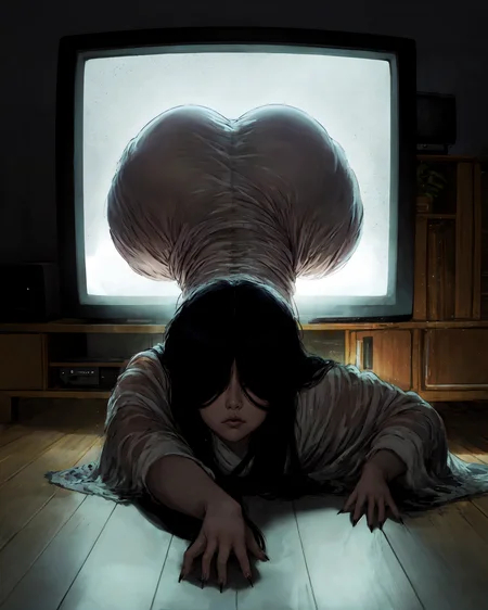<lora:tezy8 - Tezy8 Style-000006:0.6>, <lora:yamamura sadako v3:0.8>, yamamura sadako, 1girl, through screen, stuck, television, crawling, upper body, (hair over eyes:1.4), dark theme, curvy, ass, all fours, bottom-up, detailed hands, detailed fingers, sharp fingernails, lips, closed mouth, serious,