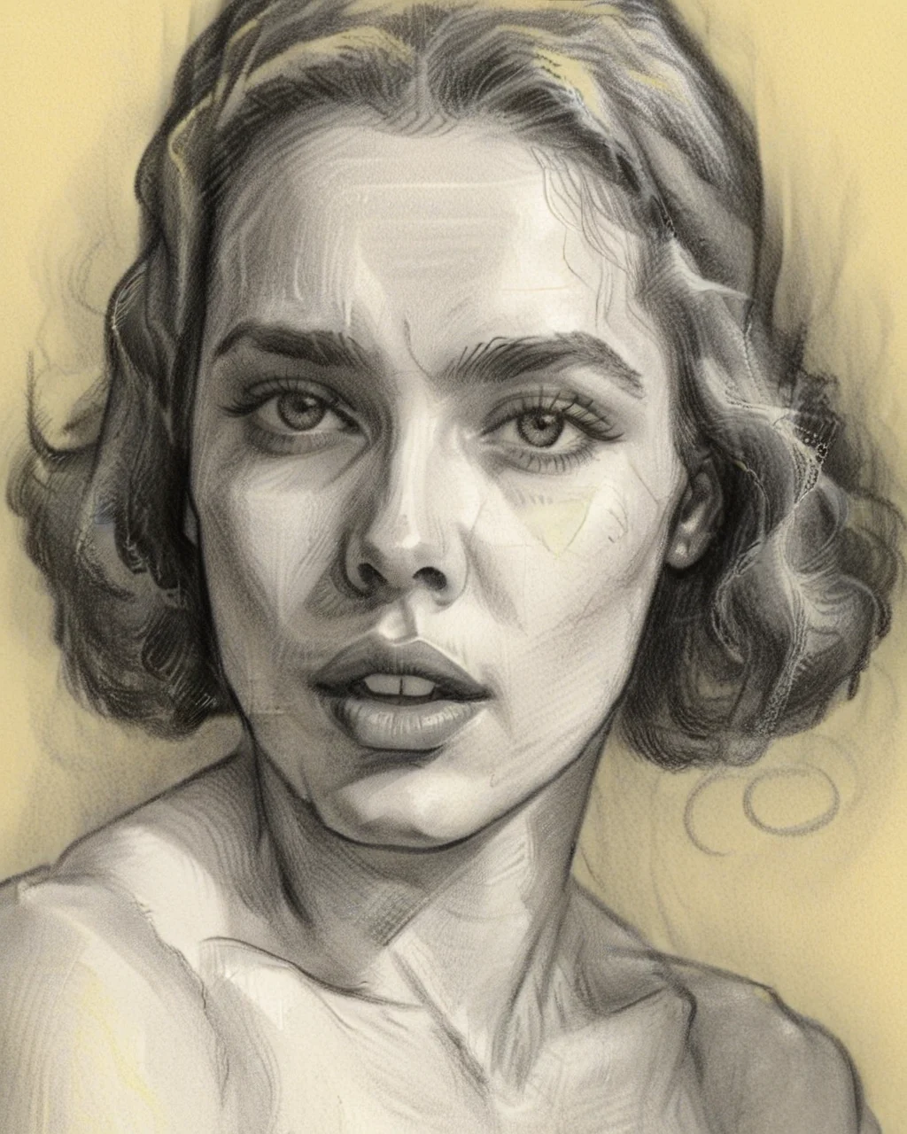 pixeldust_sketch, (close-up photograph of a woman, in monochrome, glowing lips, vibrant yellow lips, ethereal yellow smoke waves)0.8