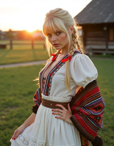 analog photography, shot by Kodak Duaflex II, ultra detailed, ultra quality, cinematic, dynamic posing, sensual pose, bangs, a mesmerizing woman with platinum blond hair woven into an elegant braid, adorned with bright red ribbons, standing in a lush meadow. She wears a traditional Romanian blouse (ie) with intricate black and red embroidery, symbolizing fertility and protection. Her flowing white skirt features delicate floral lace along the hem, and a wide, beaded belt accentuates her waist. Over her shoulders, she drapes a vibrantly woven wool shawl with geometric patterns. Her gaze is soft and mysterious, her Slavic cheekbones illuminated by the golden sunset as she stands near a quaint wooden village. <lora:Janacovaxhres-grm80vx:1> jancov