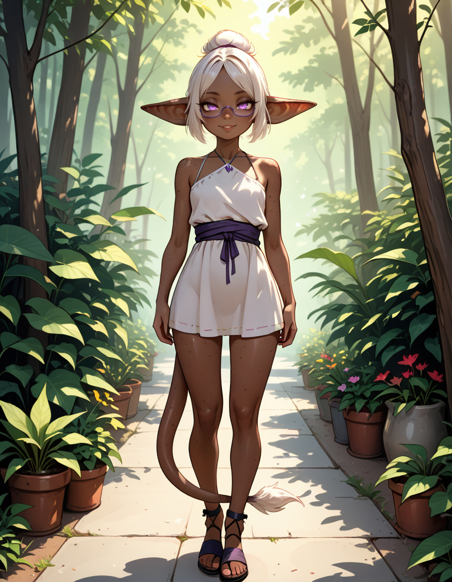 masterpiece, best quality, very aesthetic, absurdres,
outdoors,
full body, seductive smile, parted lips, long eyelashes,
 <lora:Gobi_v01_NAIXL:1>
G0b1,1girl,solo,goblin girl,dark-skinned female,pointy ears,short hair,white hair,single hair bun,ponytail,purple eyes,semi-rimless eyewear,freckles,colored skin,tail,