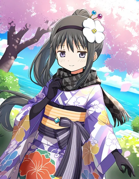 masterpiece, best quality, newest, absurdres, highres, safe, 1girl, akemi homura \(haregi ver.\), magia record: mahou shoujo madoka magica gaiden, smile, solo, day, outdoors, dutch angle, <lora:20241226152250_akemi_homura_noobaiXLNAIXL_vPred10Version:0.7>