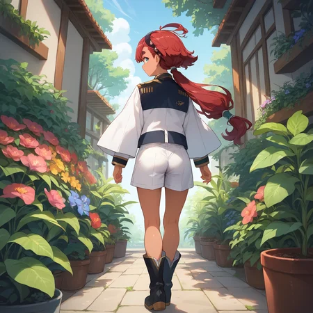 score_9, score_8_up, score_7_up, score_6_up, score_5_up, score_4_up, BREAK source_anime, look at viewer, 1girl, garden, from behind, masterpiece, best quality, high detailed skin, suletta mercury, asticassia school uniform, dark skin, red hair, long hair, low ponytail, black hairband, ahoge, blue eyes, thick eyebrows, white jacket, long sleeves, shoulder boards, white shorts, boots,