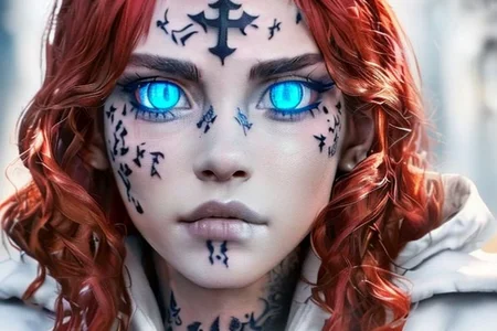 bright red hair, human female, (feminine:1.7), (beautiful face, detailed face:1.6), (beautiful eyes, detailed eyes:1.7), (looking at viewer, eye contact, intense:1.6), (long hair, red hair, curly hair:1.3), , ((masterpiece, best quality, high resolution, realistic, best quality,)), photo realistic, Perfect Face, (detailed face). <lora:GoodHands-vanilla:0.6> <lora:add-detail-xl:0.8>, mage, (Dress White military uniform coat), dagger, rune dagger, glowing runes, , (((glowing magic symbols tattoos, religious tattoos))), ((face tattoos)), glowing tattoos, stone tower in the background