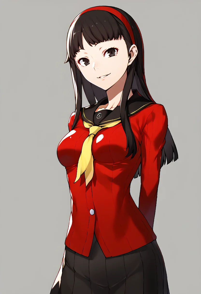 score_9, score_7_up BREAK solo, 1girl, smile, looking at viewer, simple background, <lora:Yasuda-Suzuhito_GLoRA-pdxl_Fp:1>, <lora:persona4_amagi_ponyXL:0.8>, yukikodef, red hairband, school uniform, red sweater, red cardigan, black sailor collar, yellow neckerchief, long sleeves, black skirt, black pantyhose, medium breasts, parted lips, arms behind back,