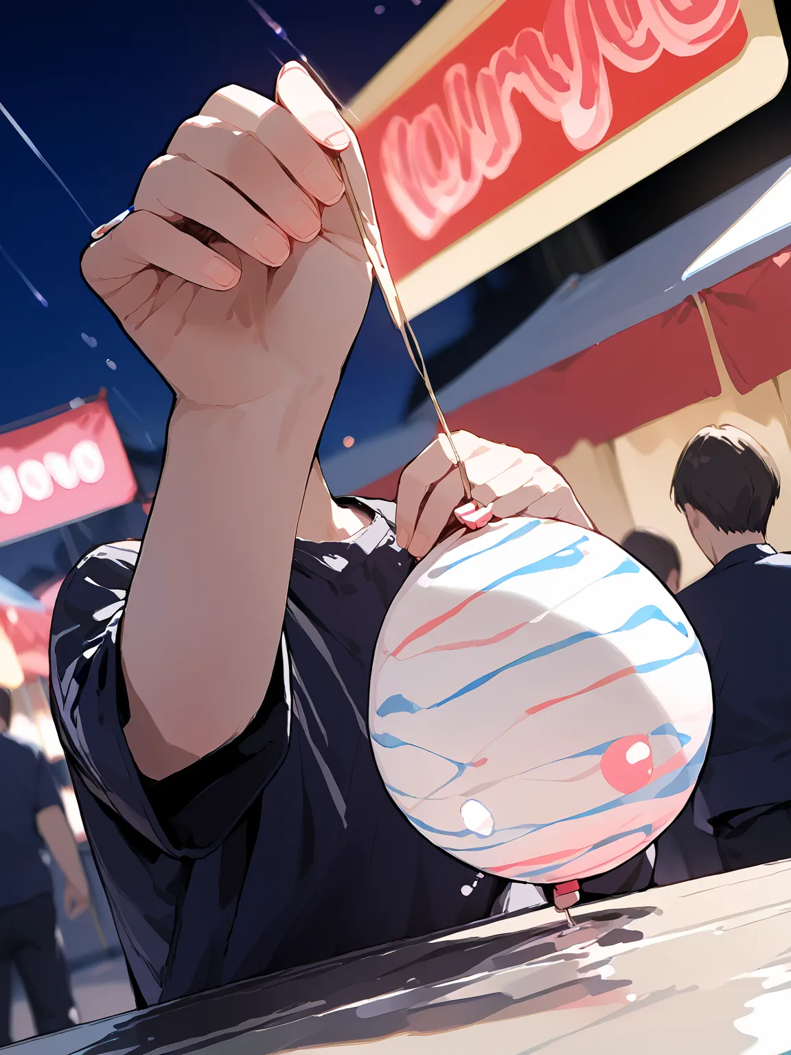 zPDXL, score_9, score_8_up, score_7_up, source_anime, best quality, masterpiece BREAK
(1 water balloon, yoyo, holding, hand),  standing,
from side,
festival, in night, black sky, (blur:1.2), fireworks, (cinematics light),
rating_safe,
<lora:water-balloon-xl-v2-pony-000015:1>