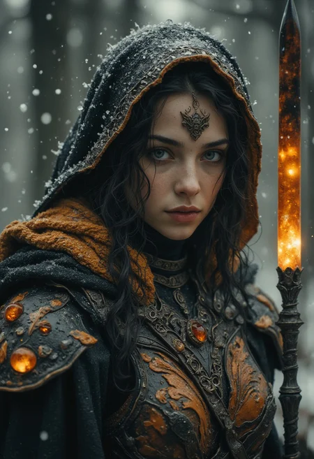 The goddess of war, Extreme Upper Body Closeup Portrait, Vibrant Amber and golden-black color graded, Face and eyes shaded By the oversized Linen hood, AmanoER, analog Photo of a eerie armored bedouin Warrior witch with a staff full of crystals, the crystals are round translucent black-red, hknature ninja-goddess, action pose, featuring a stylized, a ninja with translucent dark-red ice-based powers. He is depicted standing in a snowy, shadowy background., giving an action pose, Casting a spear Made of ICE and frost. The glowing dark outlines defines the character's muscular physique, ornate suit of armor. The armor includes a translucent amber and black chest piece with intricate Design.