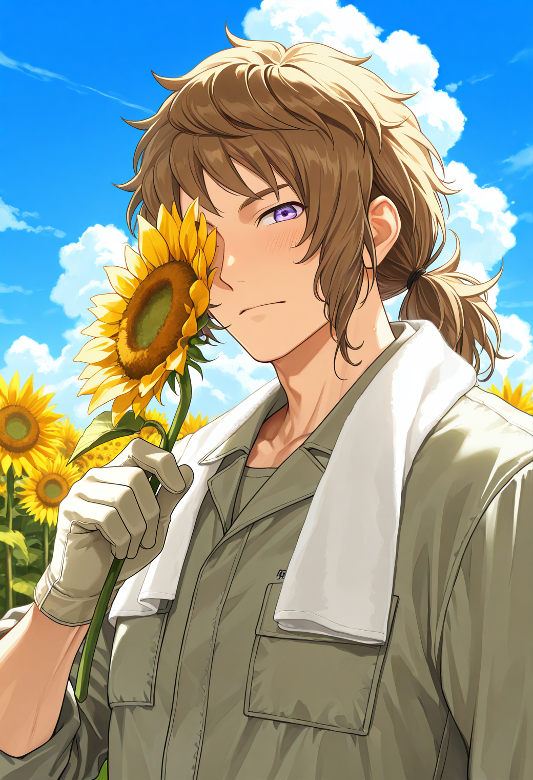SmoothNoob_Quality,
<lora:Mikage_Kojiro_Tokimeki_Memorial_GS:1>,
1boy,mKjr0,brown_Kjr0_hair,purple_Kjr0_eyes,male focus,muscular male,
upper body, looking at viewer, sunflower field, holding flower, flower over eye, Kjr0_jumpsuit, grey jumpsuit, white gloves, towel around neck, cow print, looking at viewer, blush, sky, cumulonimbus cloud,