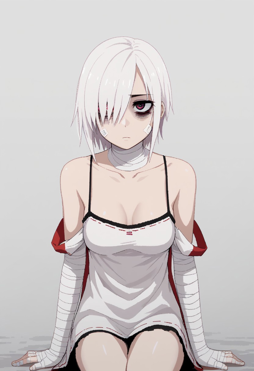 score 9 up, score 8 up, solo,1girl, white hair, hair over one eye, two-tone eyes, pink eyes, red eyes, white clothing, spaghetti_strap, oversized blouse, breasts, bags under eyes, mascara, bandaged_neck, bare legs, aliasing, SignalisArtStyle